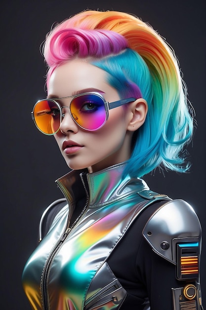 Foto van een cyberpunk meisje met gekleurd haar en een bril.