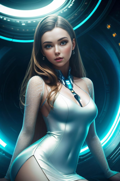 Foto van een cyberpunkvrouw met futuristische jurk