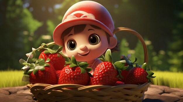 foto van een D-karakter met een mand vol vers geoogste aardbeien