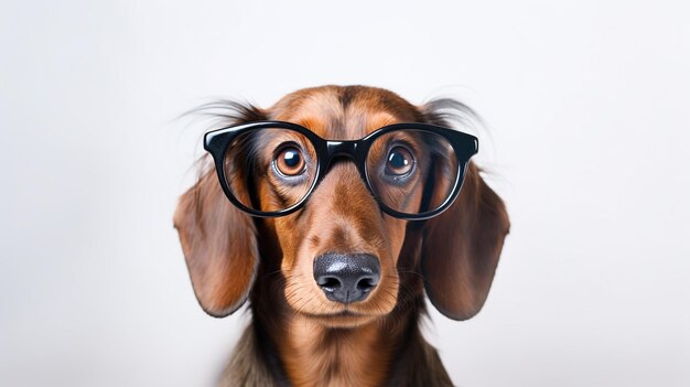 Foto foto van een dachshund-hond met een bril op een witte achtergrond