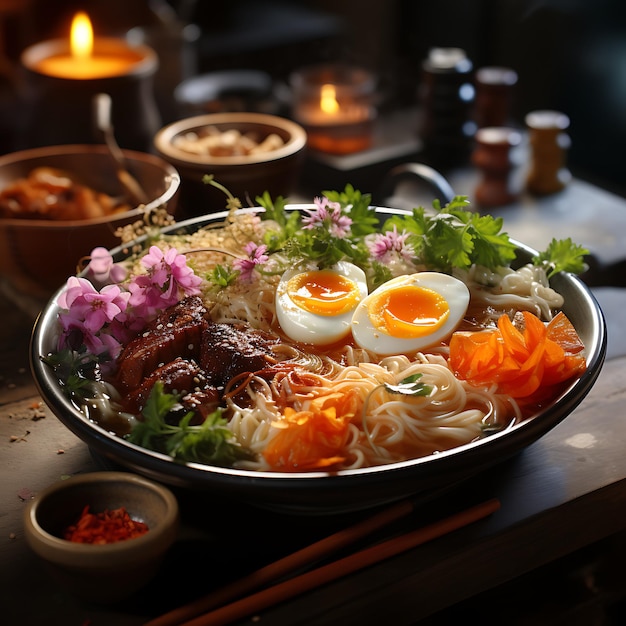 foto van een dampende kom ramen met kleurrijke toppings fotorealistisch gefotografeerd filmisch