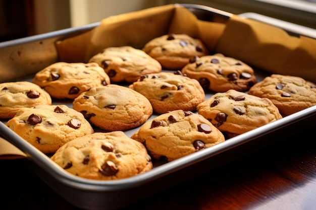 Foto foto van een dienblad met vers gebakken chocoladekoekjes die nog warm zijn uit de oven generatieve ai