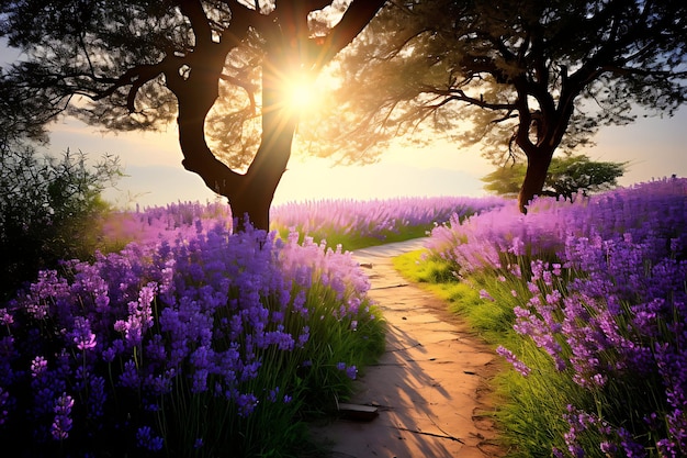 Foto van een door de zon verlichte weg door een veld van lavendelbloementuin