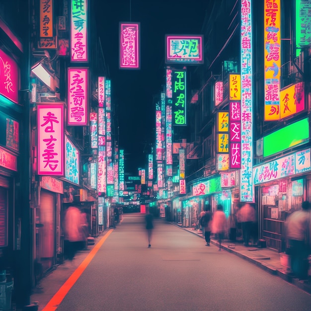Foto van een drukke stadsstraat verlicht door kleurrijke neonborden en gevuld met voetgangers AI