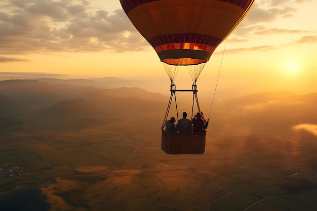 Foto van een echtpaar dat geniet van een ballonrit bij zonsondergang