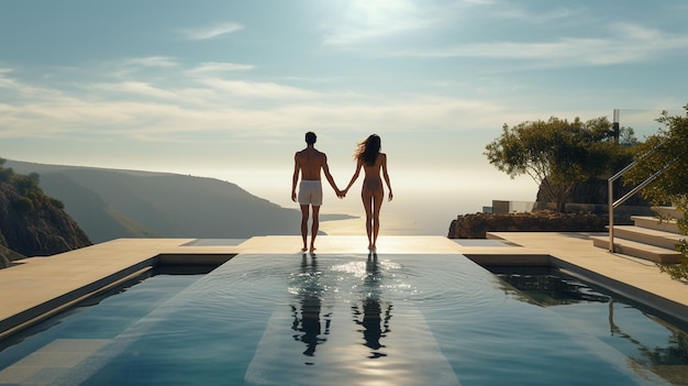 Foto van een echtpaar dat opstaat om in het luxe zwembad te springen