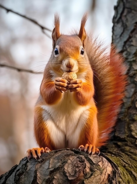 Foto van een eekhoorn die noten aan een boom eet