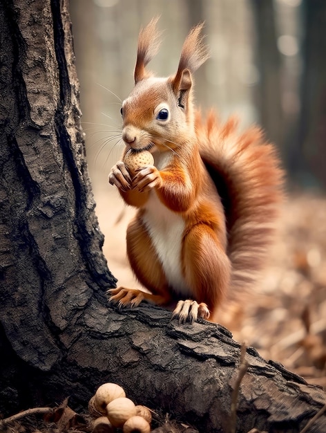 Foto van een eekhoorn die noten op een boom eet