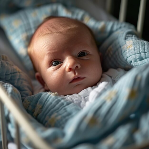 foto van een een maand oude baby in een pastelblauwe kamer in een wieg met een aangename uitdrukking