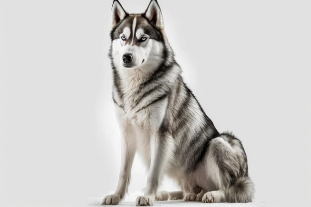 Foto van een eenzame Siberische Husky op een witte achtergrond