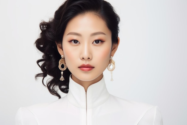 Foto van een elegante Aziatische vrouw met haar ongerepte huid op een schone witte achtergrond