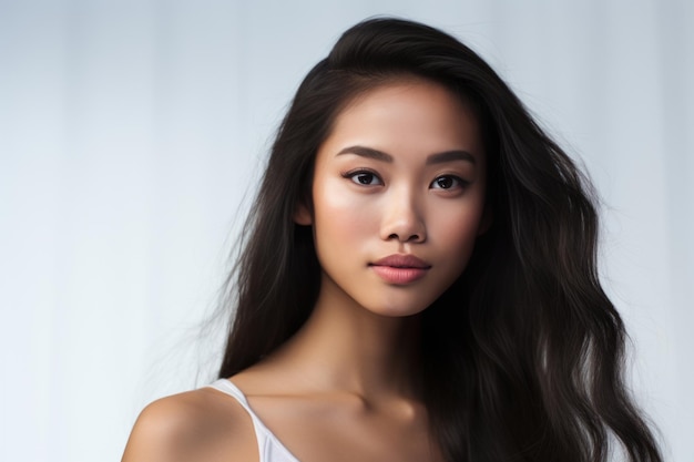 Foto van een elegante Aziatische vrouw met haar ongerepte huid op een schone witte achtergrond