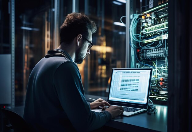 Foto van een elektrotechnicus die werkt met digitale multimeters, zekeringen en schakelbord