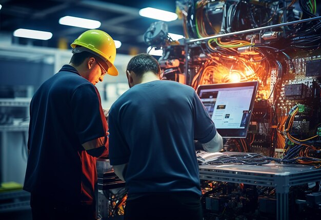 Foto van een elektrotechnicus die werkt met digitale multimeters, zekeringen en schakelbord