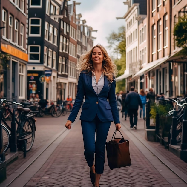 Foto van een energieke zakenvrouw die snel door de smalle straten van Amsterdam loopt