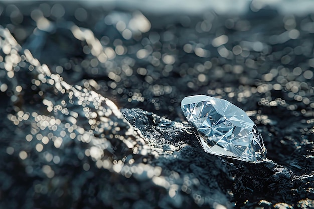 Foto van een enkele gesneden diamant op een stuk steenkool tegen een gewone achtergrond