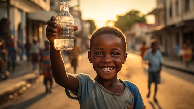 foto van een extreem gelukkige Afrikaanse jongen met een waterfles in de hand