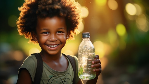 foto van een extreem gelukkige Afrikaanse jongen met een waterfles in de hand