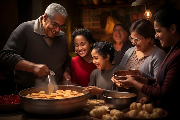 Foto van een familie van meerdere generaties die samen koken