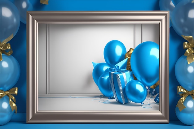 Foto van een feestelijk fotoram met blauwe ballonnen en een geschenk