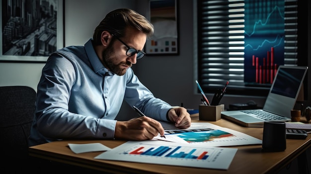 Foto van een financiële professionele man tussen de beursgrafieken