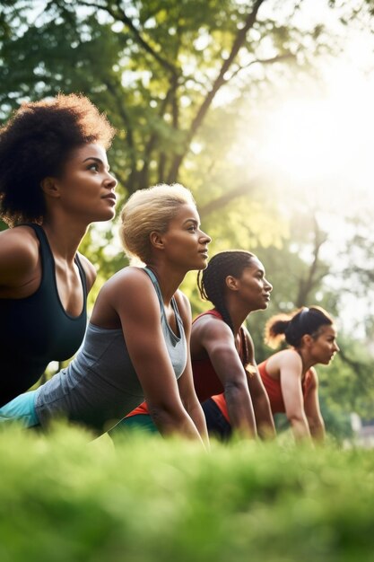 Foto van een fitnessgroep die samen crunches doet in de buitenlucht gemaakt met generatieve AI