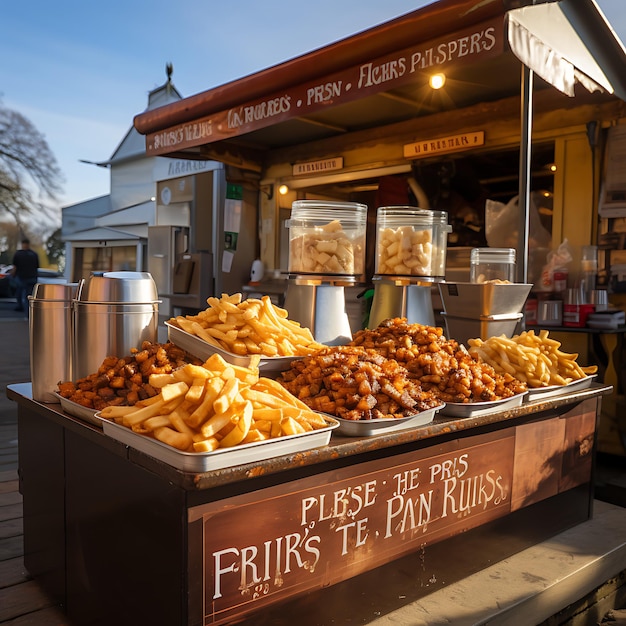 foto van een frietkraampje op een kermis bij daglicht