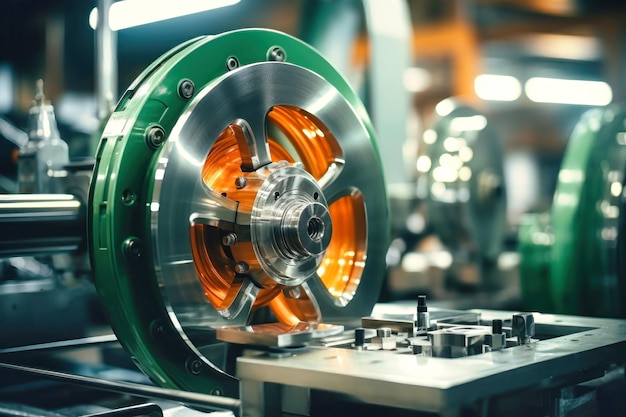 Foto van een gedetailleerde opname van een mechanisch apparaat met levendige oranje wielen Moderne metaalverwerking bij een industriële onderneming Productie van uiterst nauwkeurige onderdelen en mechanismen