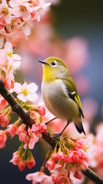 Foto van een gele vink zittend op een tak van een lichtpaarse pruimenboom