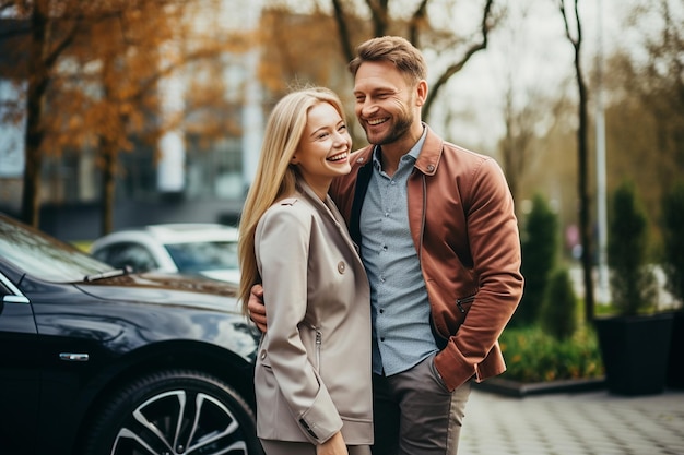 Foto van een gelukkig stel voor hun auto.