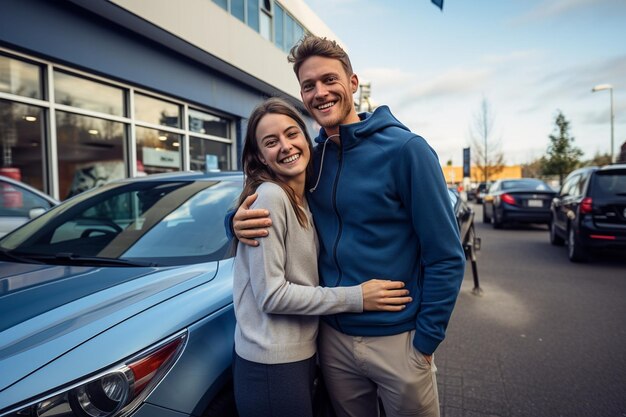 Foto van een gelukkig stel voor hun auto.