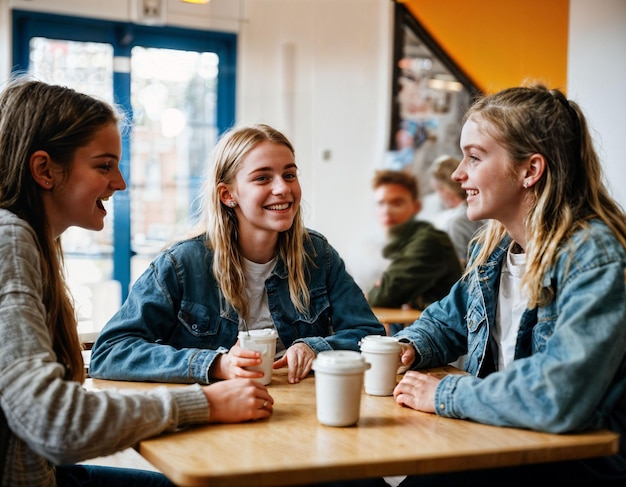 foto van een gelukkig tienermeisje in de kantine van de school generatieve AI