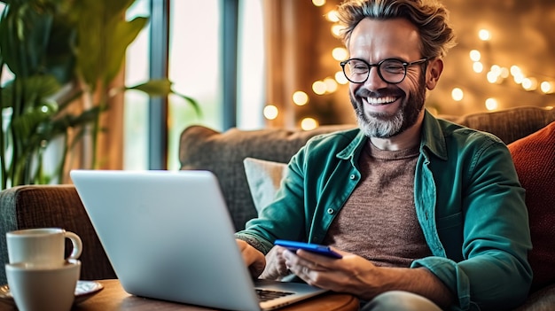 foto van een gelukkige man die online rekeningen betaalt met een laptop in de woonkamer. Online winkelen