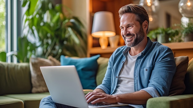 foto van een gelukkige man die online rekeningen betaalt met een laptop in de woonkamer. Online winkelen