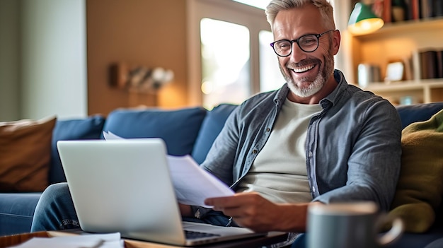 foto van een gelukkige man die online rekeningen betaalt met een laptop in de woonkamer. Online winkelen