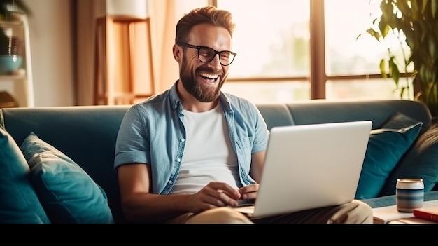 foto van een gelukkige man die online rekeningen betaalt met een laptop in de woonkamer. Online winkelen