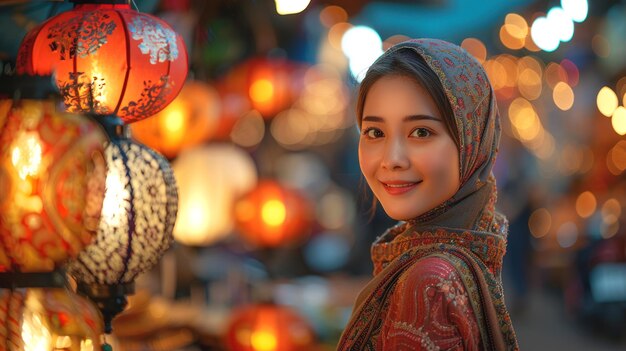 Foto foto van een gelukkige moslimvrouw met ramadan lantaarns in de straten