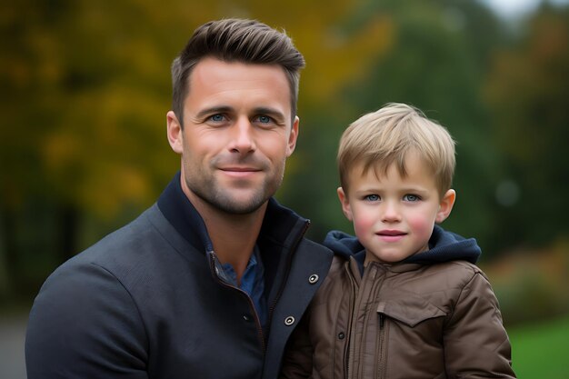 Foto foto van een gelukkige vader en zoon die buiten poseren en kopiëren