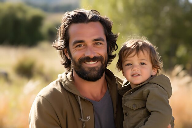 Foto van een gelukkige vader en zoon die buiten poseren en kopiëren