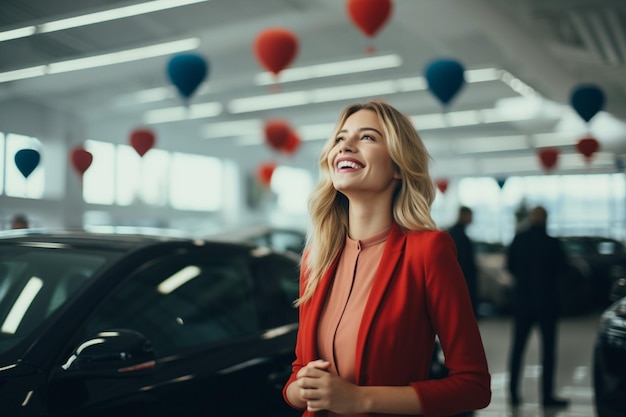 Foto van een gelukkige vrouw in een autodealer.