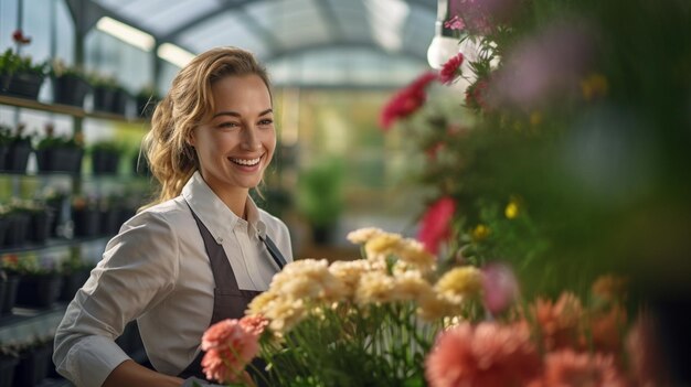 Foto van een gelukkige vrouwelijke kwekerij eigenaar met een pot met bloemen in een gr