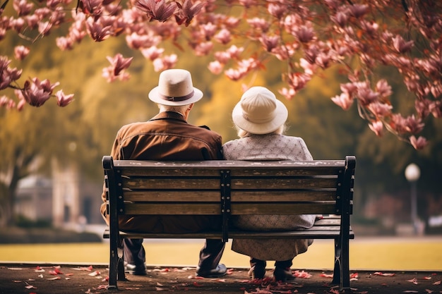 Foto van een gepensioneerde man en vrouw die hand in hand op een bankje in het park ontspannen
