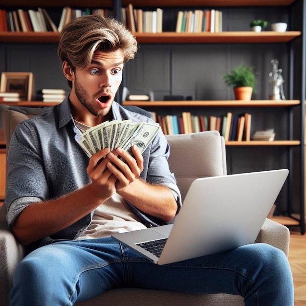 Foto van een geschokte jonge man die geld vasthoudt met een laptop.