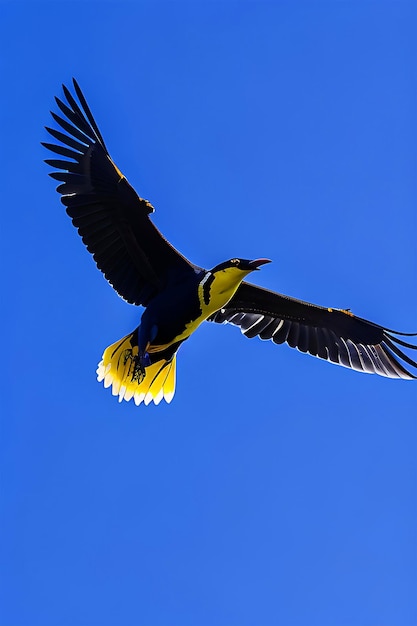 Foto van een gewone myna die in de blauwe lucht vliegt