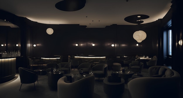 Foto van een gezellige en intieme bar met donkere verlichting en comfortabele zitplaatsen