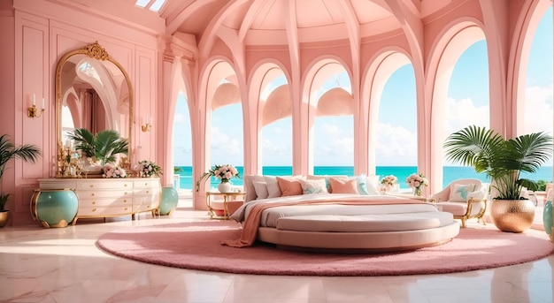 Foto van een gezellige en levendige slaapkamer met een uniek rond bed en roze muren