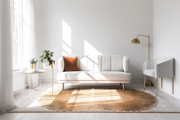 Foto van een gezellige woonkamer met een witte bank en gele accent kussens