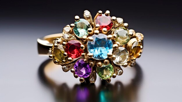 foto van een glamoureuze cluster ring met een verscheidenheid aan edelstenen