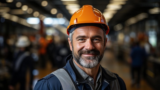 Foto van een glimlachende ingenieur met een helm die naar de camera kijkt terwijl hij zijn armen over elkaar slaat