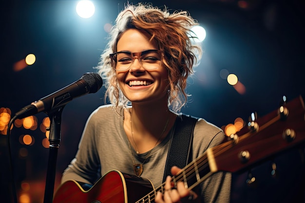 foto van een glimlachende vrouwelijke muzikant met een bril, groothoeklens, realistische verlichting